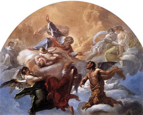 Коррадо Джакинто (Corrado Giaquinto, 1703&ndash;1766). Сатана перед Богом (1750). Картина известного неаполитанского художника показывает начало и конец бунта на небес